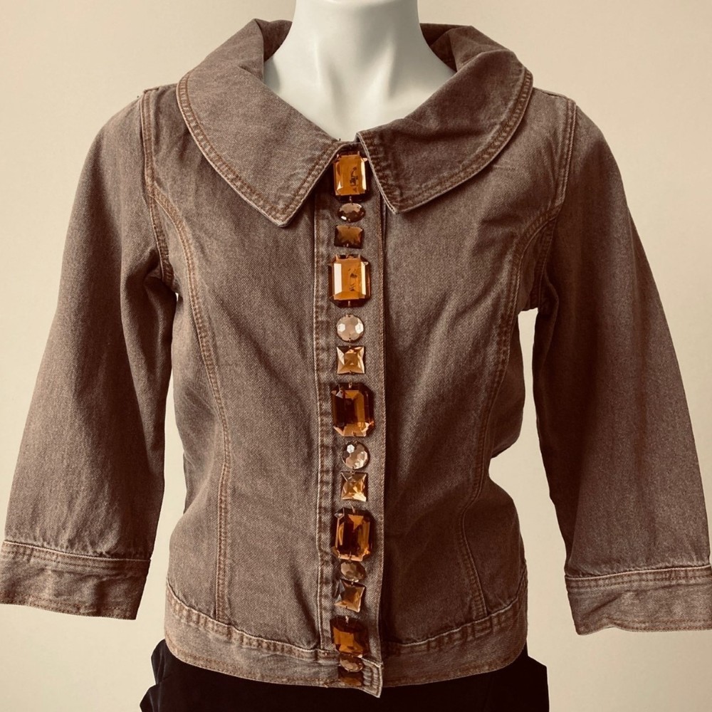 Jeanology Collection Jean Jacket Size 6 Jewel Embellished 3/4 Sleeve Vintage Y2K